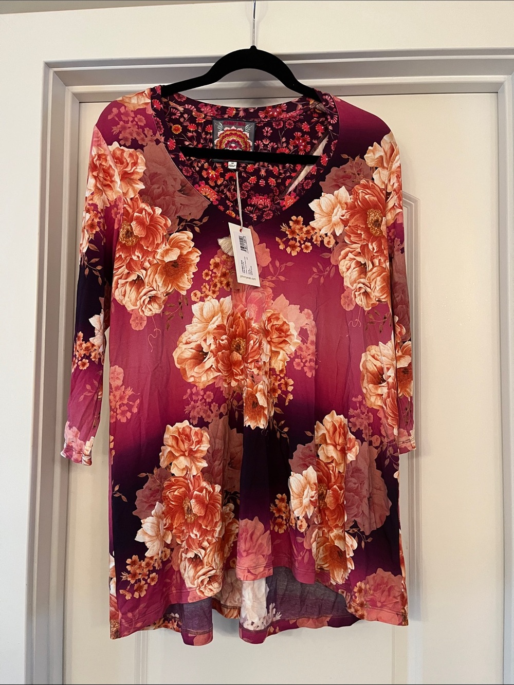 Johnny Was Carina Swing Tunic Top Medium Multi Floral 3/4 Sleeve Pullover Boho